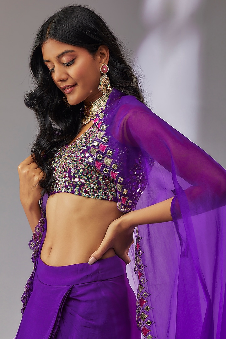 Purple Organza & Crepe Hand Embroidered Cape Set by Neha Khullar at Pernia's Pop Up Shop