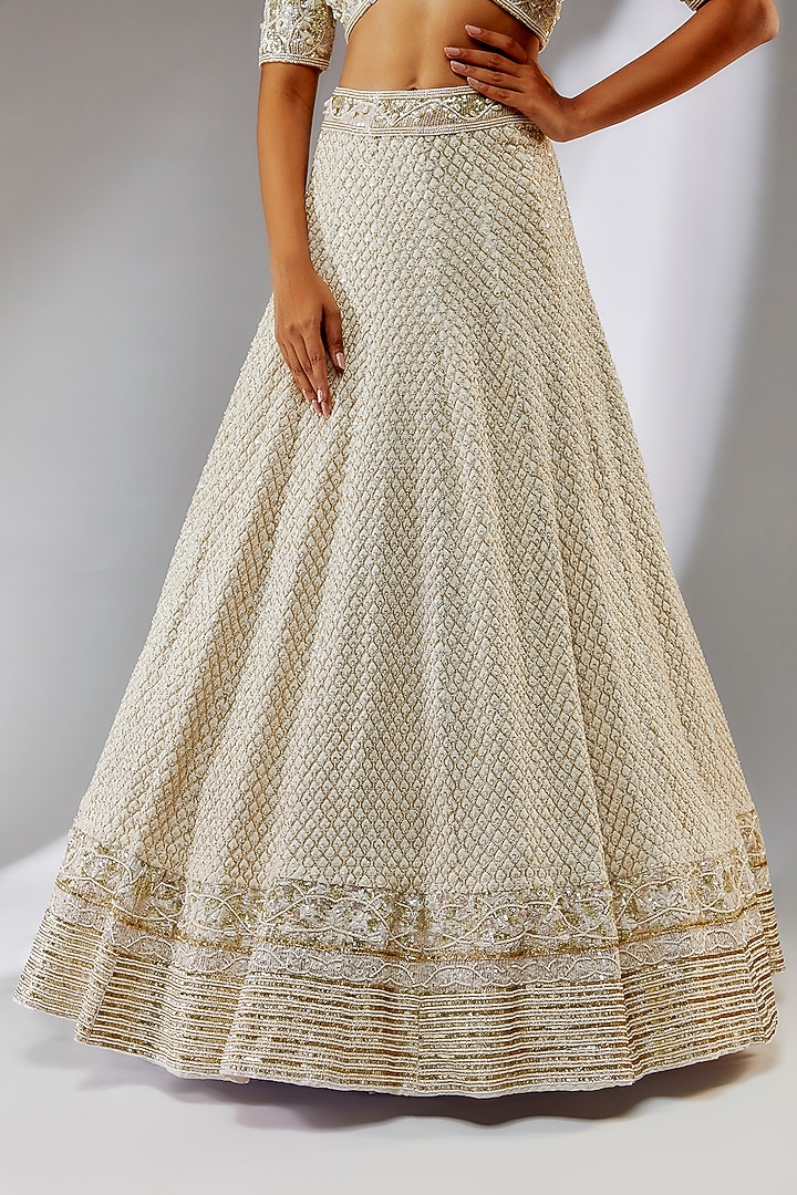 Ivory Silk Hand Embroidered Bridal Lehenga Set by Neha Khullar at Pernia's Pop Up Shop