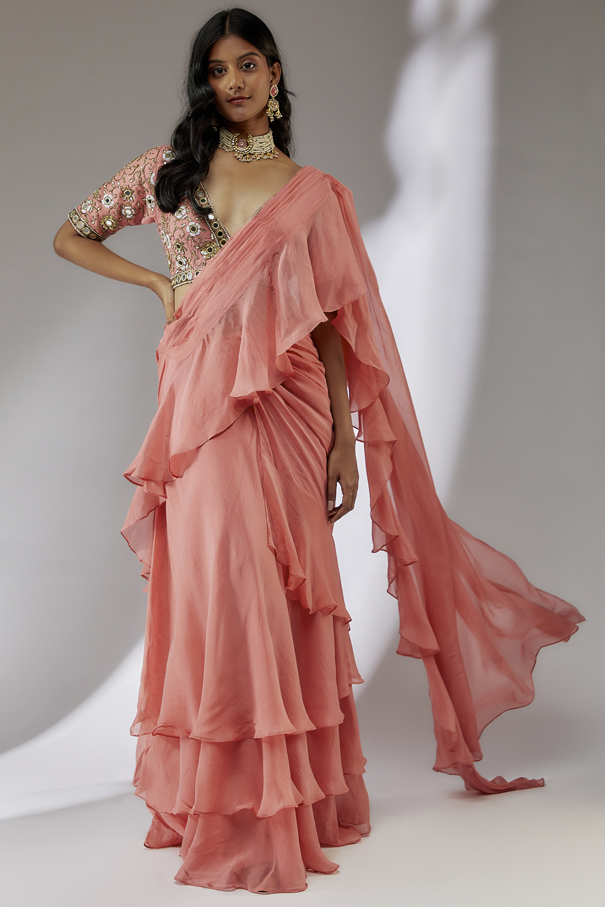 Peach Organza & Net Pre-Draped Saree Set by Neha Khullar