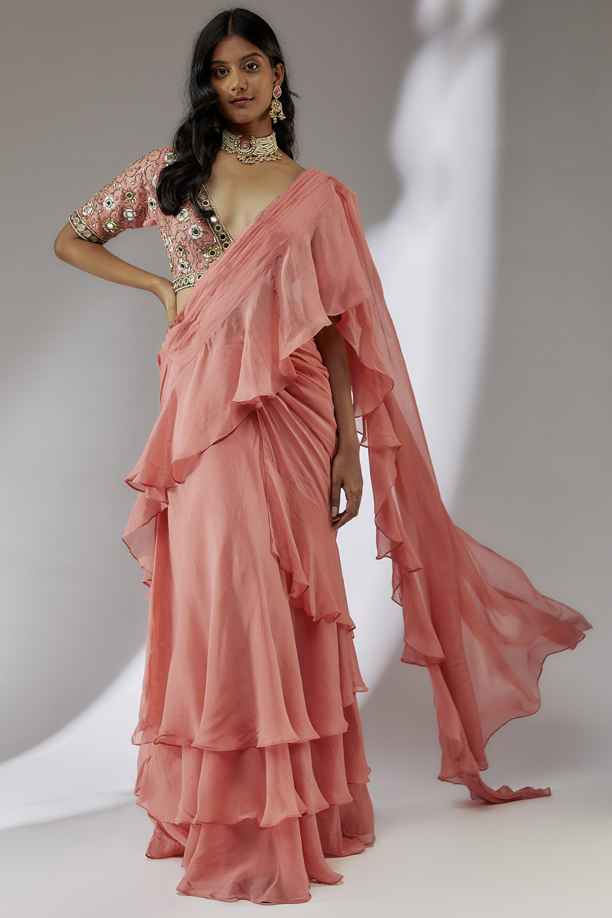 Peach Organza & Net Pre-Draped Saree Set by Neha Khullar