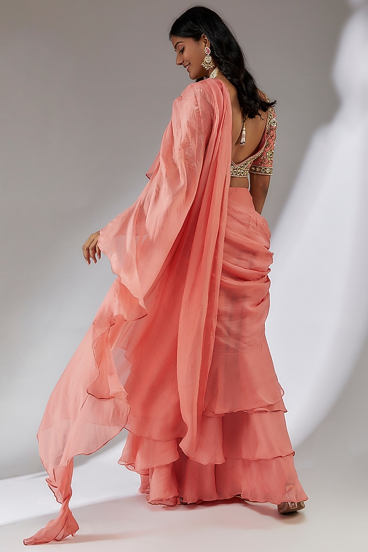 Peach Organza & Net Pre-Draped Wedding Saree Set by Neha Khullar at Pernia's Pop Up Shop