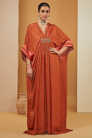 Orange Viscose Chiffon & Crepe Printed Kaftan by Neha Khullar