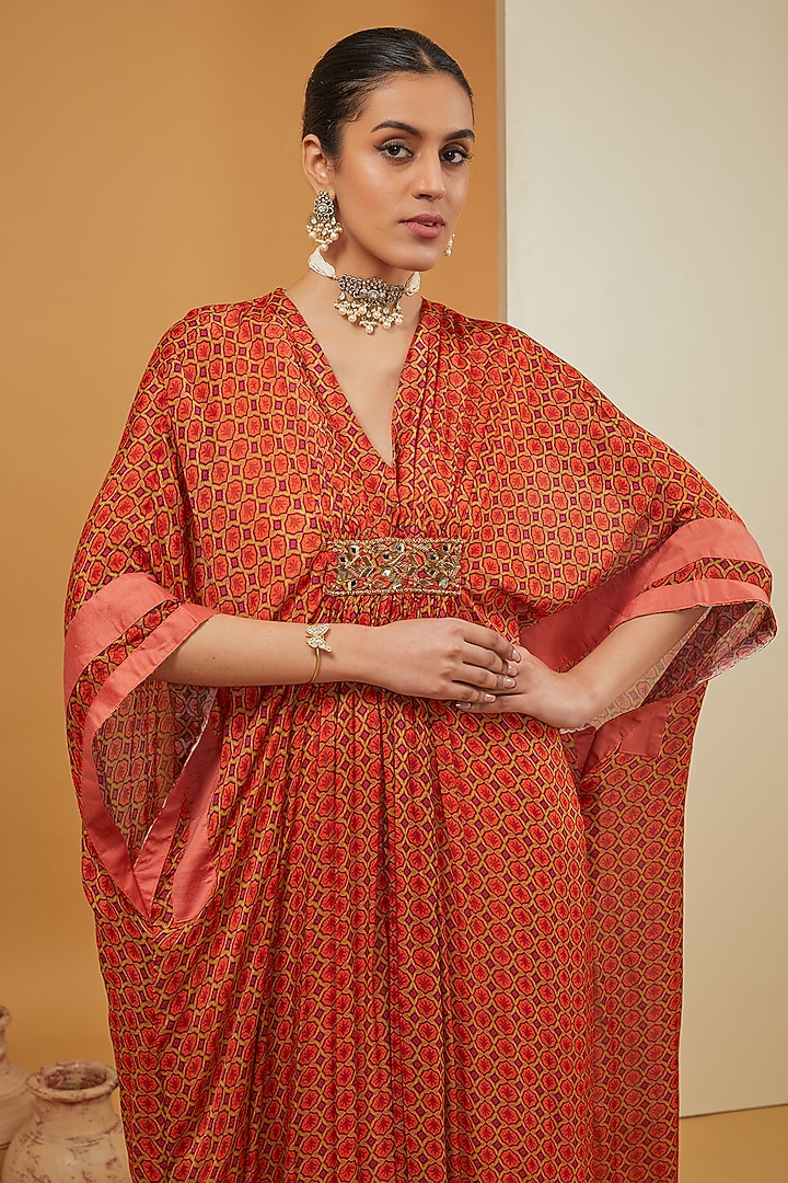 Orange Viscose Chiffon & Crepe Printed Kaftan by Neha Khullar at Pernia's Pop Up Shop