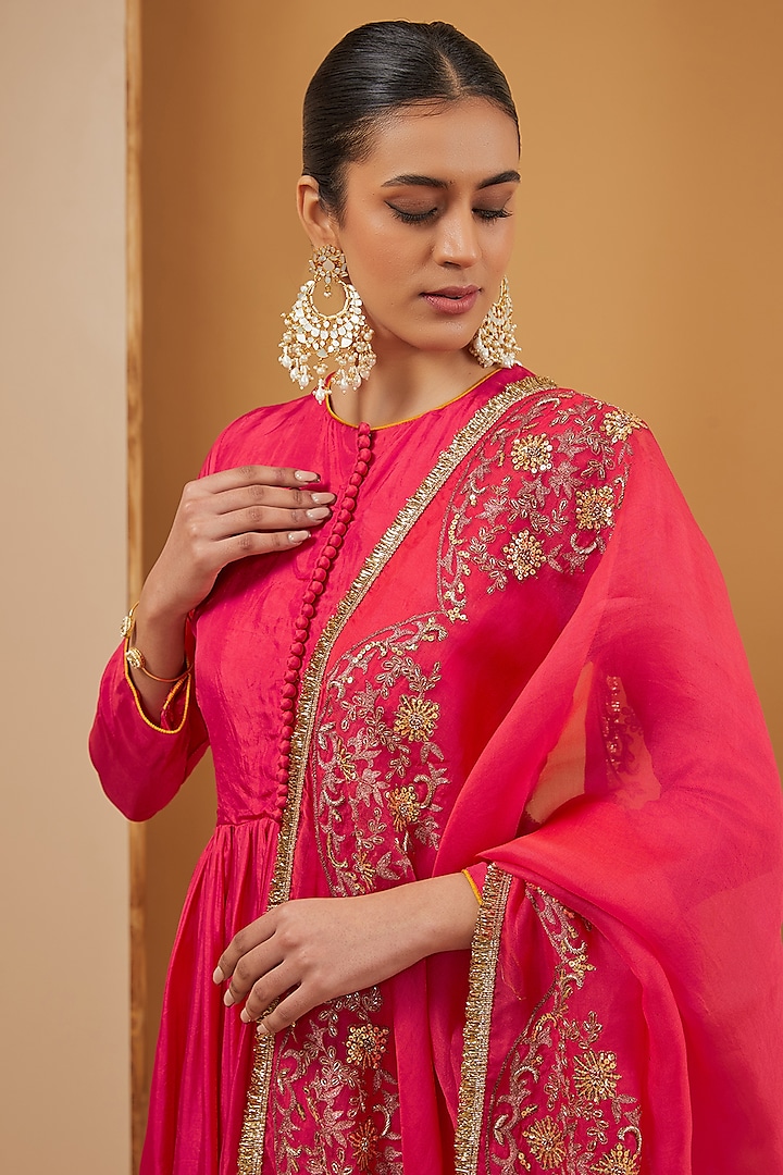 Fuchsia Chanderi Silk Hand Embroidered Wedding Anarkali Set by Neha Khullar at Pernia's Pop Up Shop