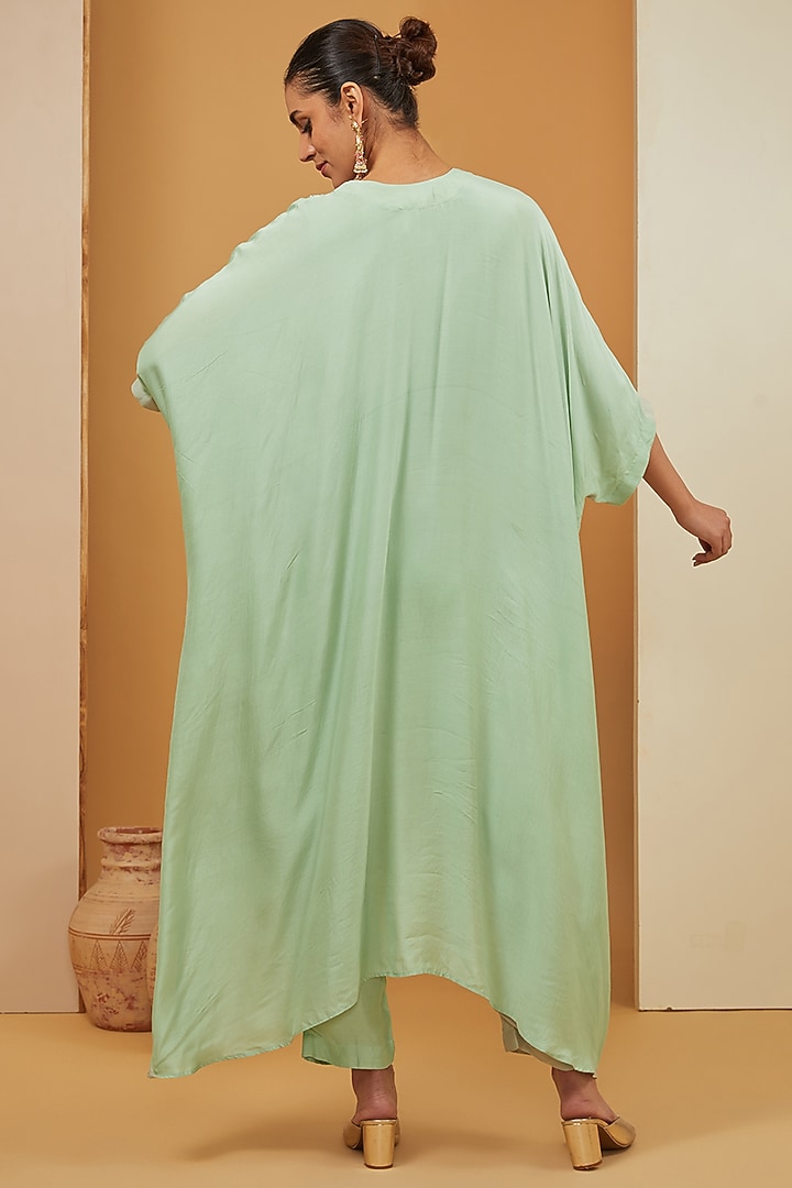 Green Modal Satin & Crepe Kaftan Set by Neha Khullar at Pernia's Pop Up Shop
