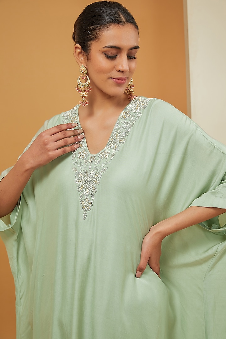 Green Modal Satin & Crepe Kaftan Set by Neha Khullar at Pernia's Pop Up Shop
