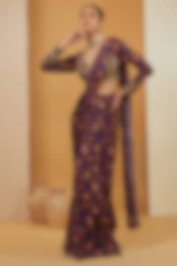 Purple Viscose Chinon & Crepe Printed Pre-Draped Saree Set by Neha Khullar