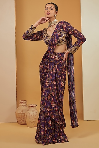 Purple Viscose Chinon & Crepe Printed Pre-Draped Saree Set by Neha Khullar
