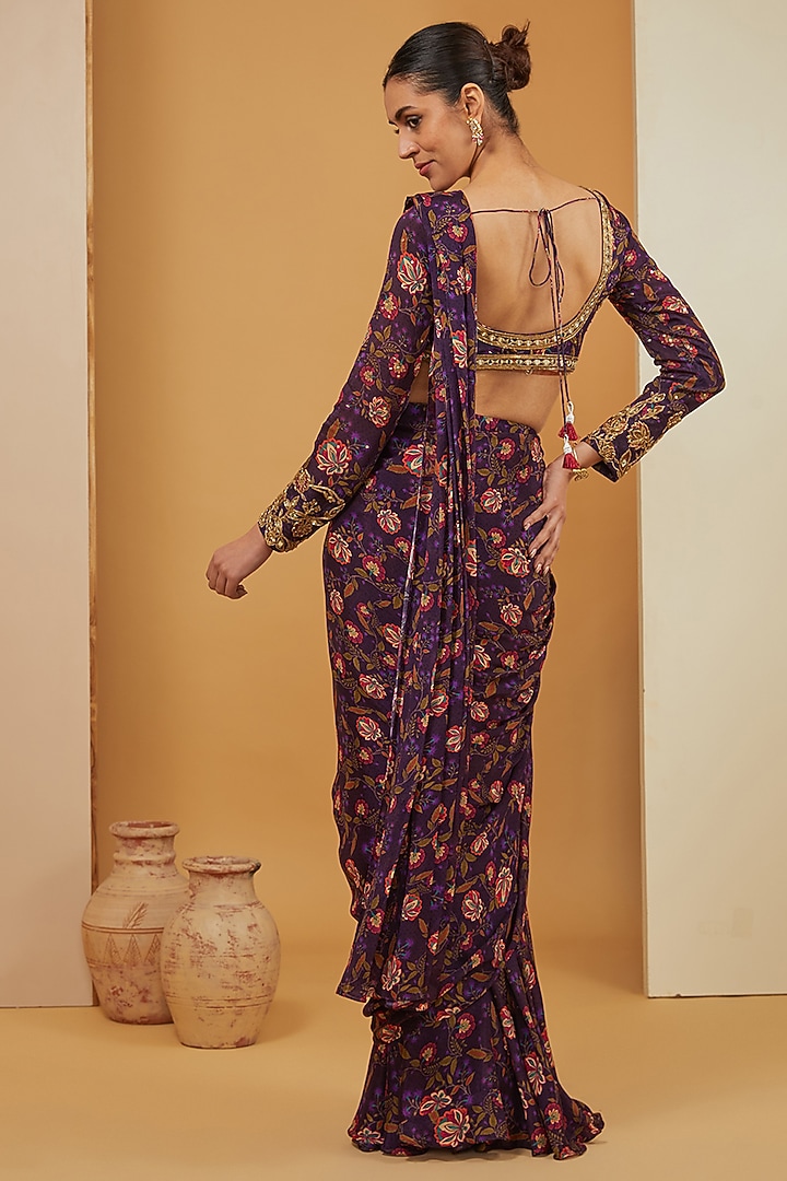 Purple Viscose Chinon & Crepe Printed Pre-Draped Wedding Saree Set by Neha Khullar at Pernia's Pop Up Shop