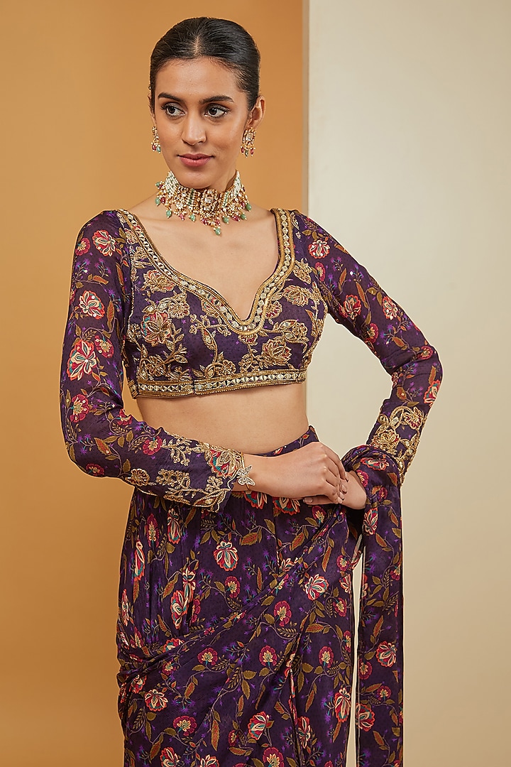 Purple Viscose Chinon & Crepe Printed Pre-Draped Wedding Saree Set by Neha Khullar at Pernia's Pop Up Shop