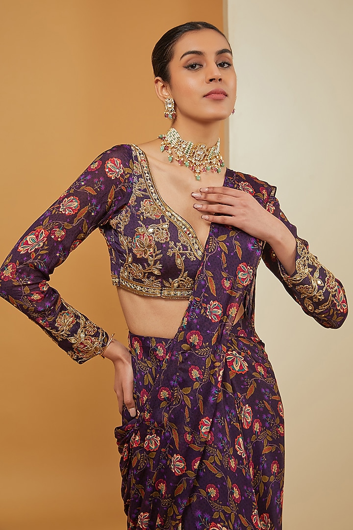 Purple Viscose Chinon & Crepe Printed Pre-Draped Wedding Saree Set by Neha Khullar at Pernia's Pop Up Shop