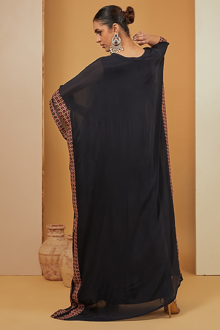 Black Viscose Chinon & Crepe Hand Embroidered Kaftan Set by Neha Khullar at Pernia's Pop Up Shop