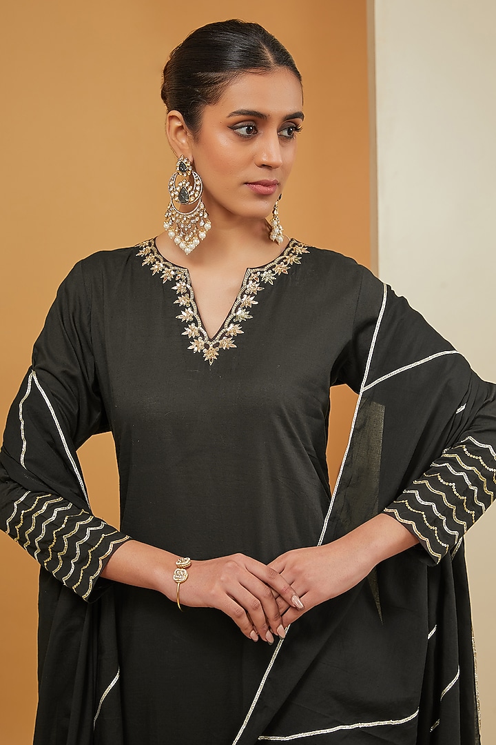 Black Cotton Chanderi Party Wear Sharara Set by Neha Khullar at Pernia's Pop Up Shop