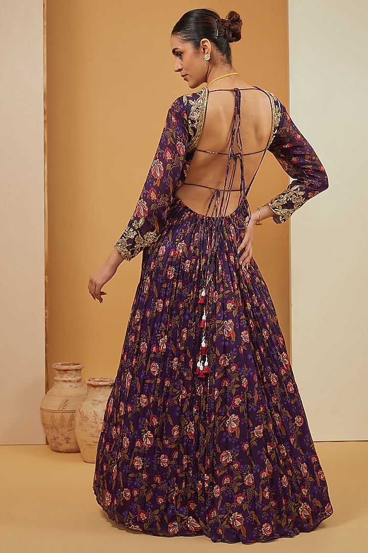 Purple Viscose Chinon & Crepe Hand Embroidered Wedding Anarkali Set by Neha Khullar at Pernia's Pop Up Shop
