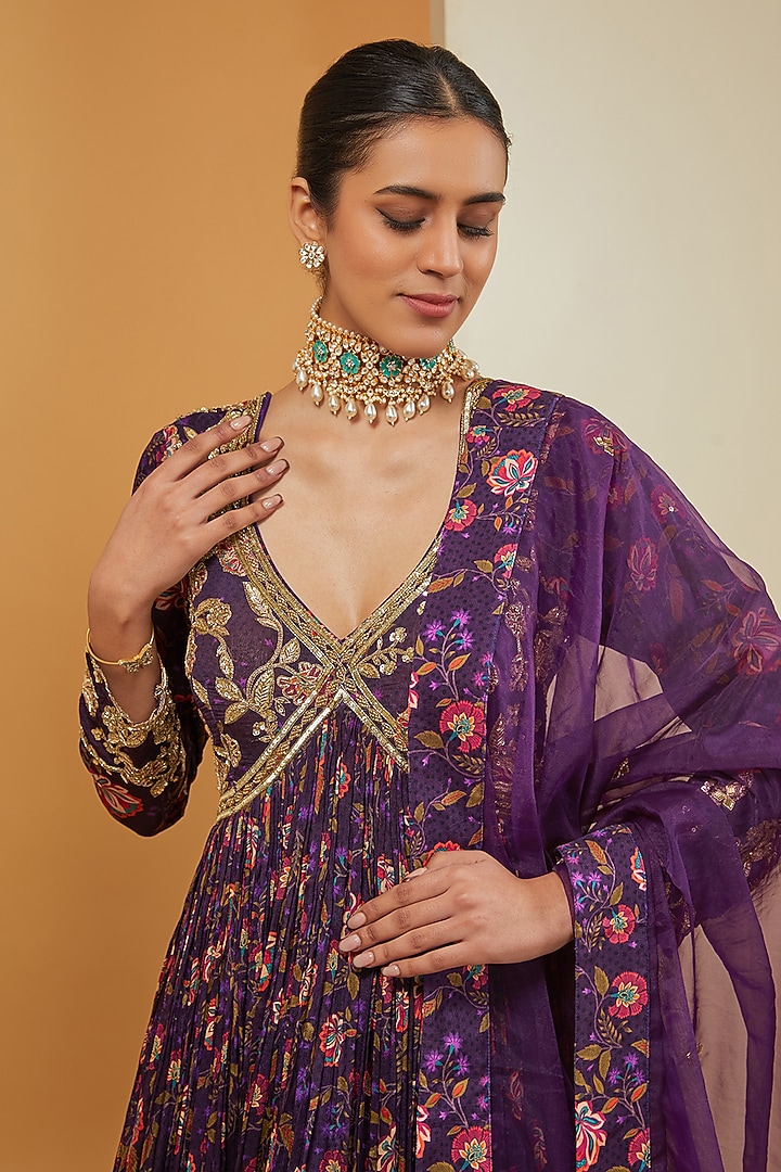 Purple Viscose Chinon & Crepe Hand Embroidered Wedding Anarkali Set by Neha Khullar at Pernia's Pop Up Shop
