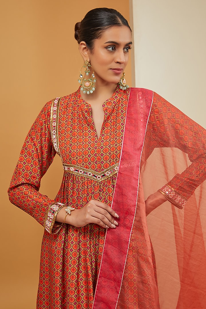 Orange Viscose Silk Printed & Embroidered Kurta Set by Neha Khullar at Pernia's Pop Up Shop