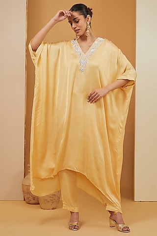 Yellow Modal Satin & Crepe Kaftan Set by Neha Khullar