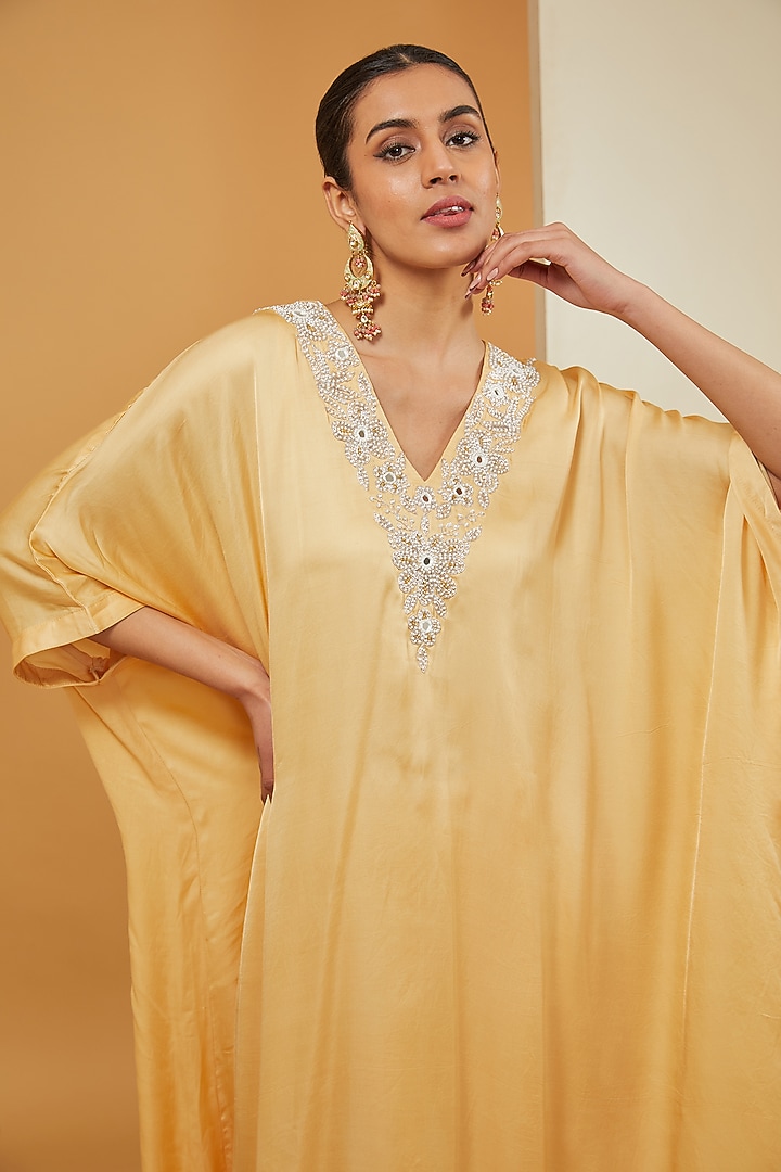 Yellow Modal Satin & Crepe Kaftan Set by Neha Khullar at Pernia's Pop Up Shop