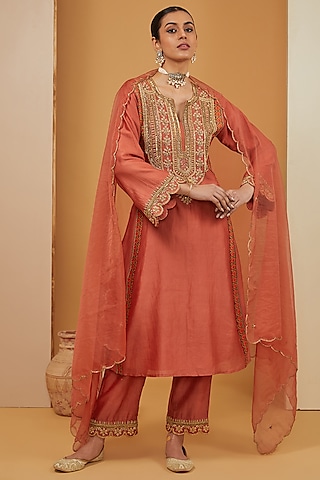 Orange Chanderi Silk Kurta Set by Neha Khullar