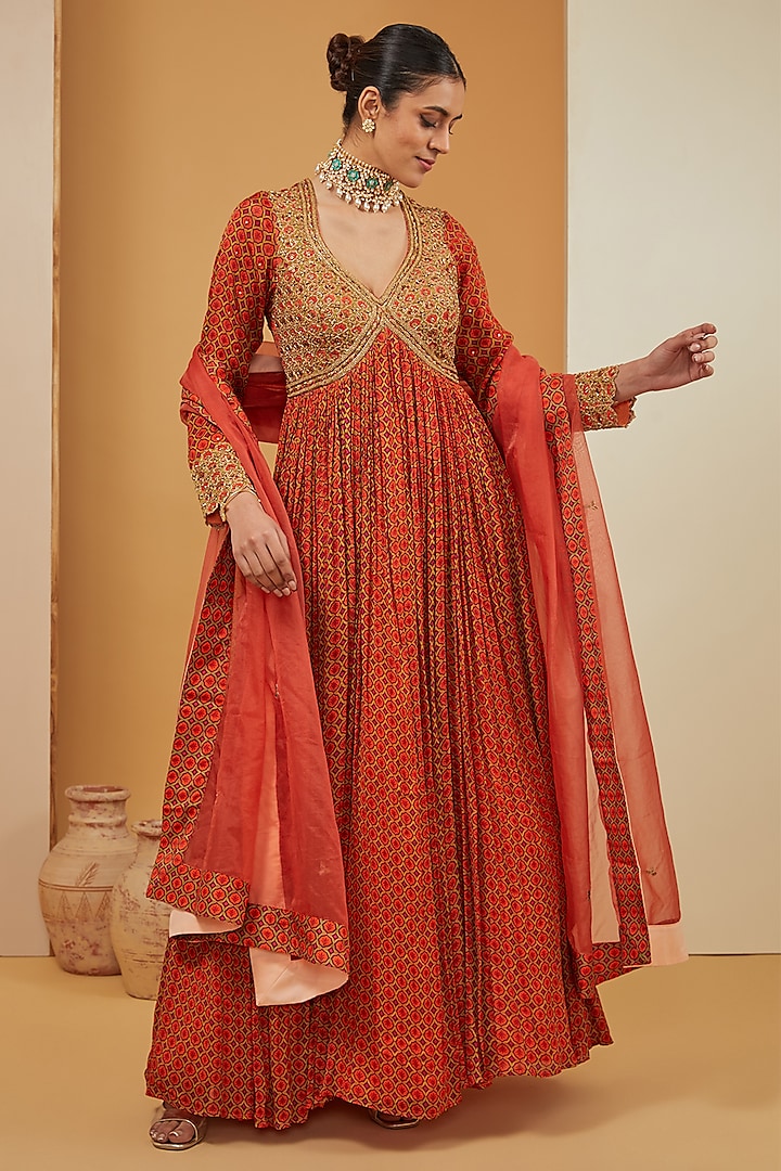 Orange Viscose Chinon & Crepe Printed Anarkali Set by Neha Khullar at Pernia's Pop Up Shop