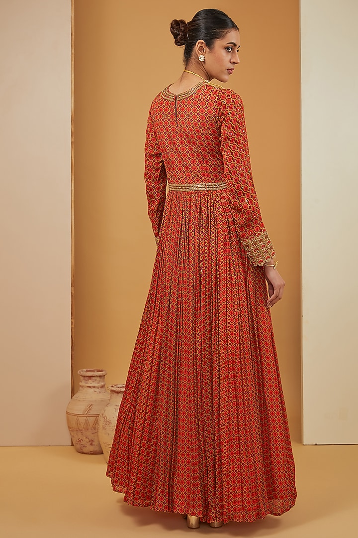 Orange Viscose Chinon & Crepe Printed Wedding Anarkali Set by Neha Khullar at Pernia's Pop Up Shop