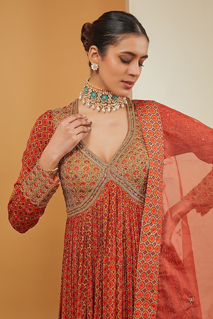 Orange Viscose Chinon & Crepe Printed Wedding Anarkali Set by Neha Khullar at Pernia's Pop Up Shop