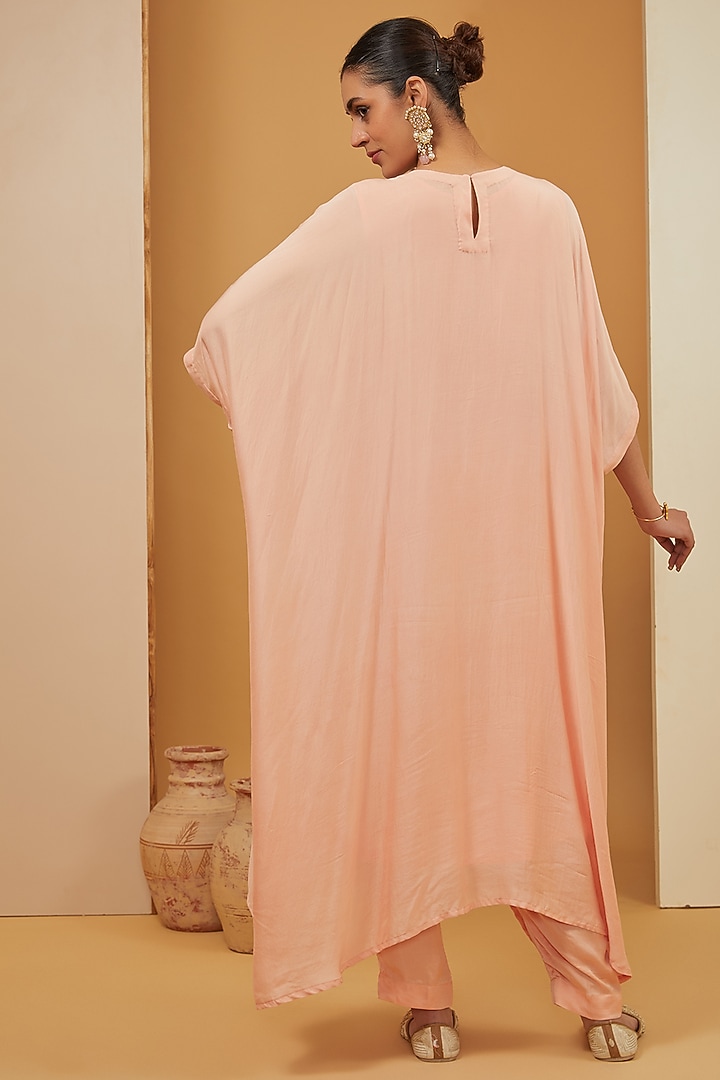 Peach Modal Satin & Crepe Kaftan Set by Neha Khullar at Pernia's Pop Up Shop