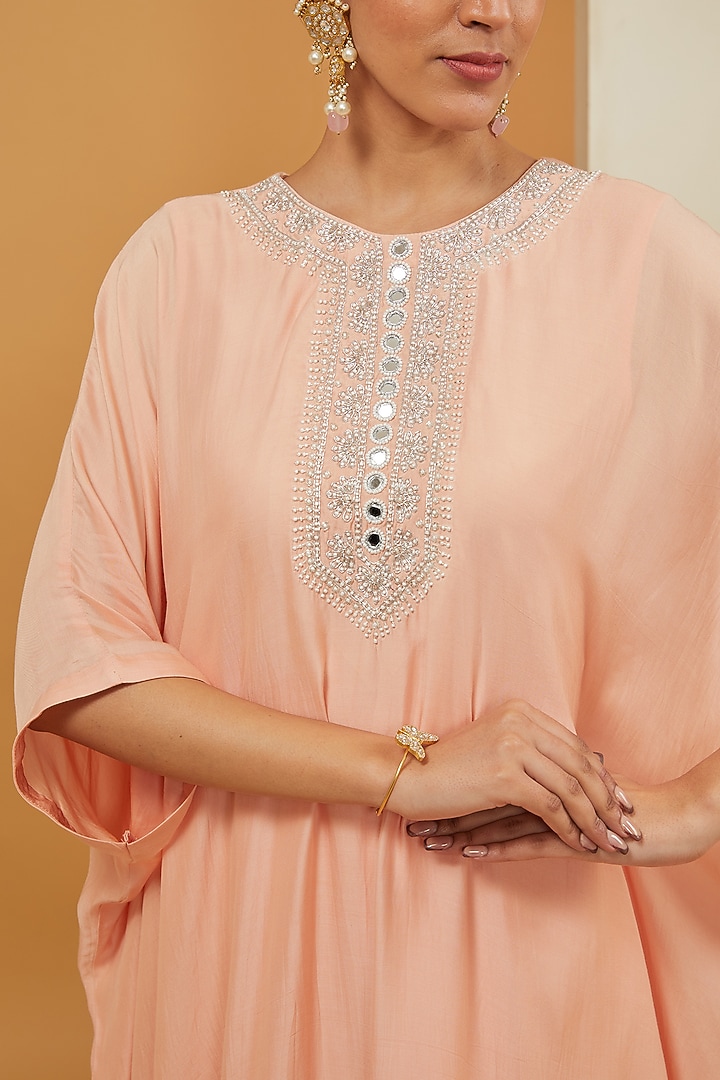 Peach Modal Satin & Crepe Kaftan Set by Neha Khullar at Pernia's Pop Up Shop