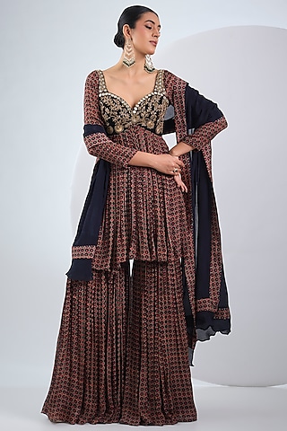 Black Viscose Chinon & Velvet Printed Anarkali Set by Neha Khullar