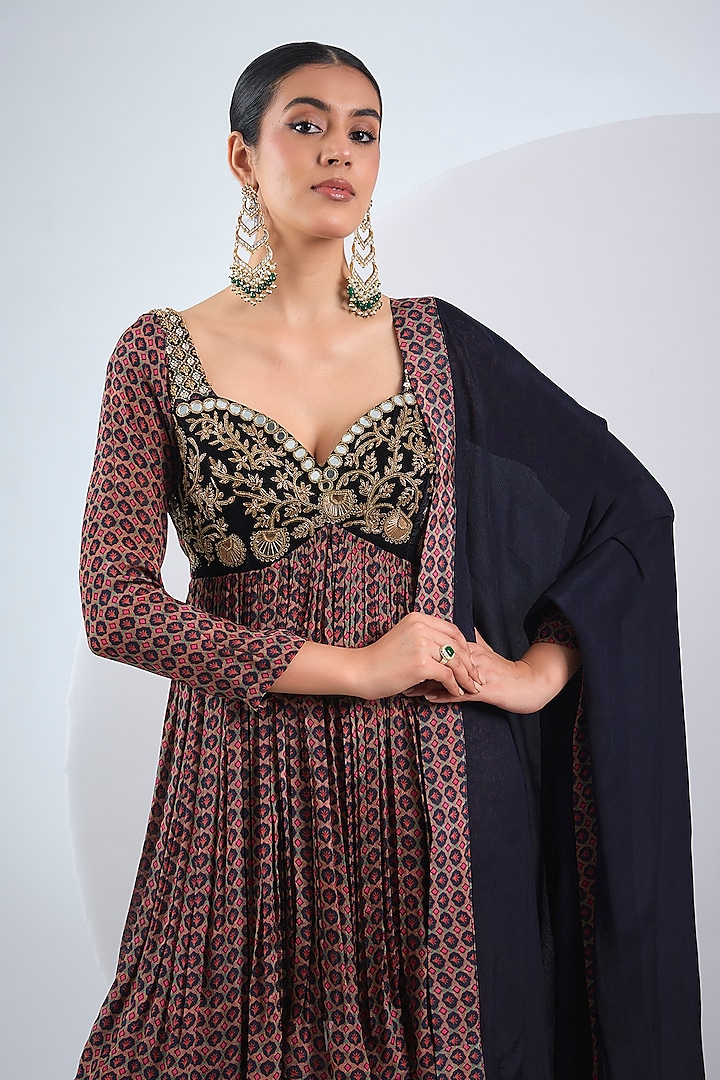 Black Viscose Chinon & Velvet Printed Wedding Anarkali Set by Neha Khullar at Pernia's Pop Up Shop