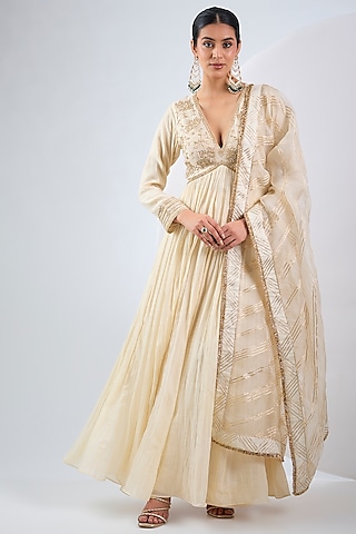 Ivory Silk Chanderi Hand Embroidered Anarkali Set by Neha Khullar