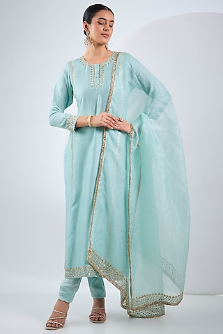 Sky Blue Pure Silk Mirror Embroidered Kurta Set by Neha Khullar