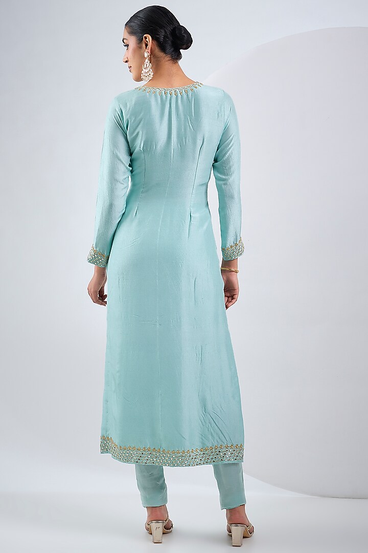 Sky Blue Pure Silk Mirror Embroidered Kurta Set by Neha Khullar at Pernia's Pop Up Shop