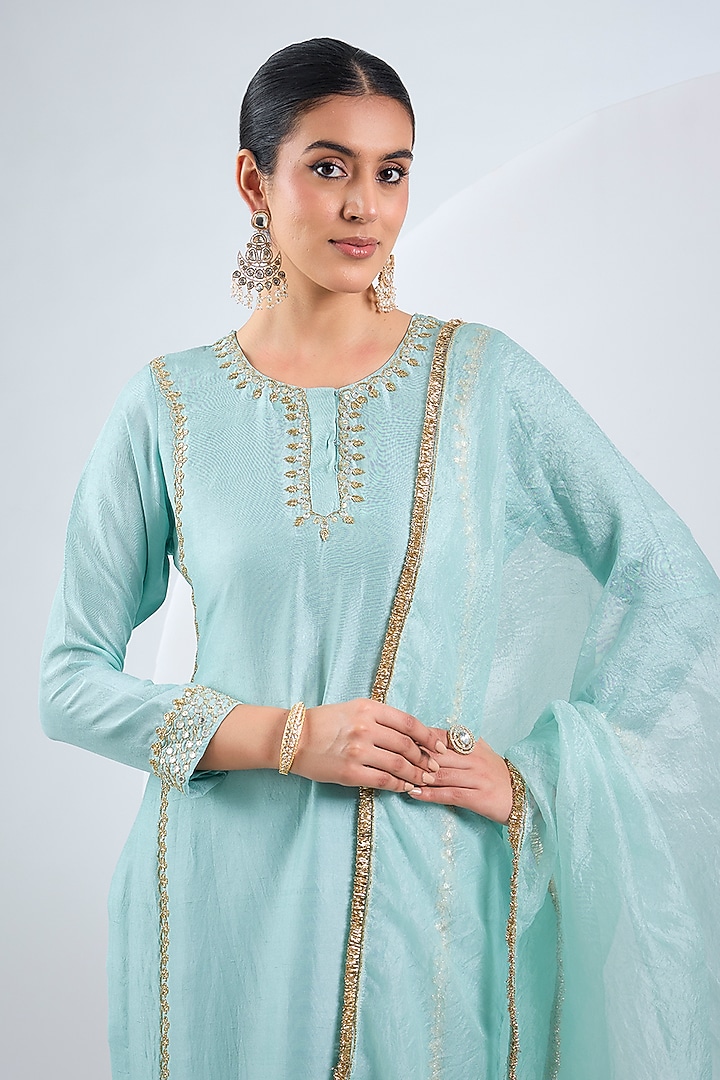 Sky Blue Pure Silk Mirror Embroidered Kurta Set by Neha Khullar at Pernia's Pop Up Shop