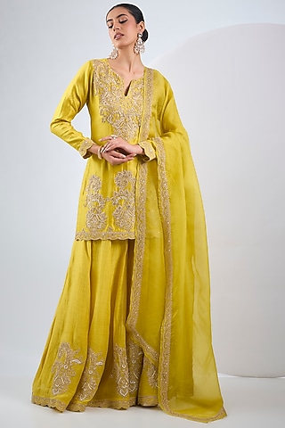 Mustard Yellow Silk Chanderi Embroidered Sharara Set by Neha Khullar