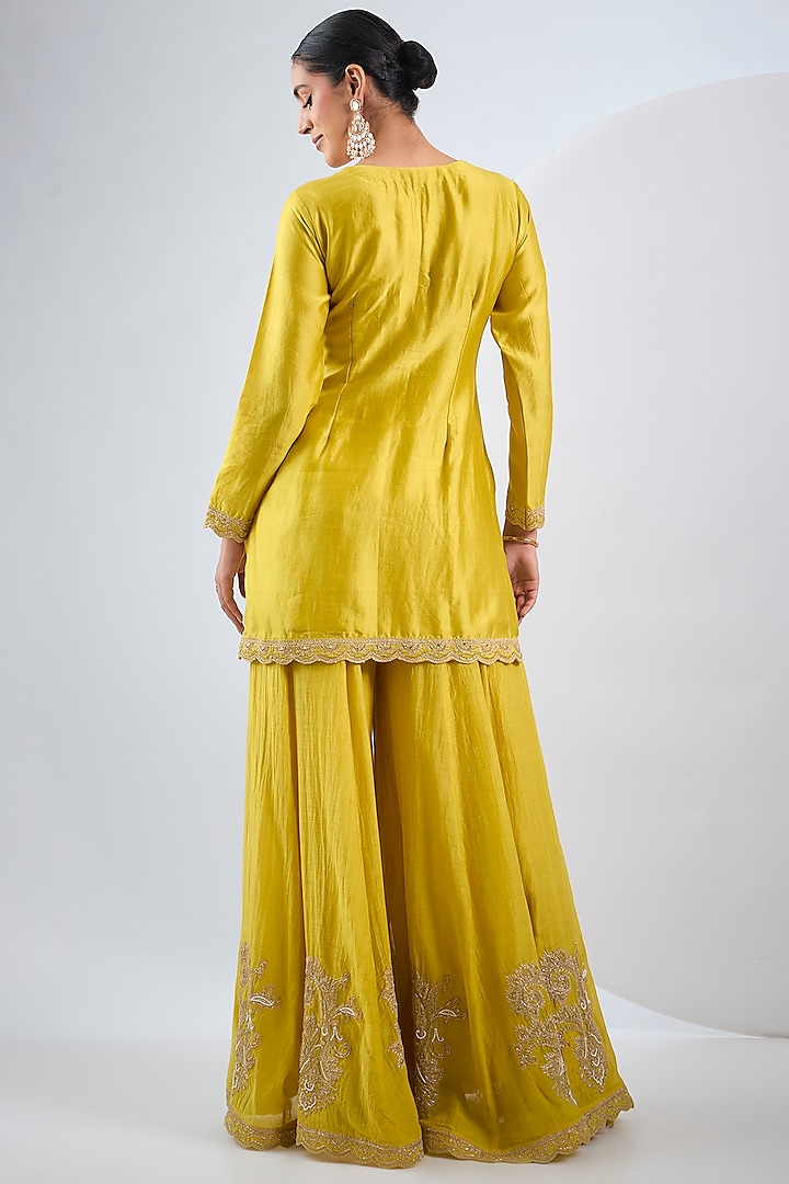 Mustard Yellow Silk Chanderi Embroidered Wedding Sharara Set by Neha Khullar at Pernia's Pop Up Shop