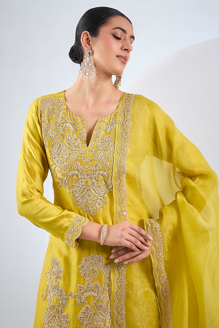 Mustard Yellow Silk Chanderi Embroidered Wedding Sharara Set by Neha Khullar at Pernia's Pop Up Shop