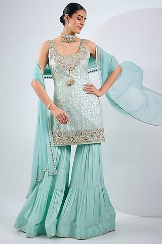 Sky Blue Pure Chiffon Tiered Sharara Set by Neha Khullar