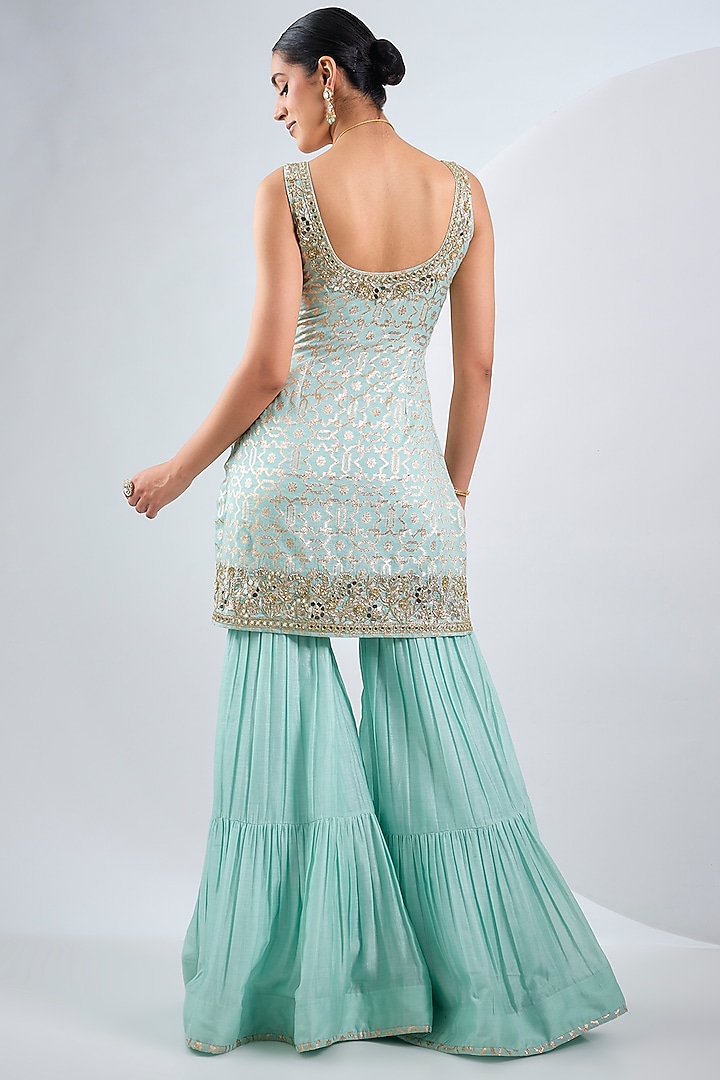 Sky Blue Pure Chiffon Tiered Wedding Sharara Set by Neha Khullar at Pernia's Pop Up Shop