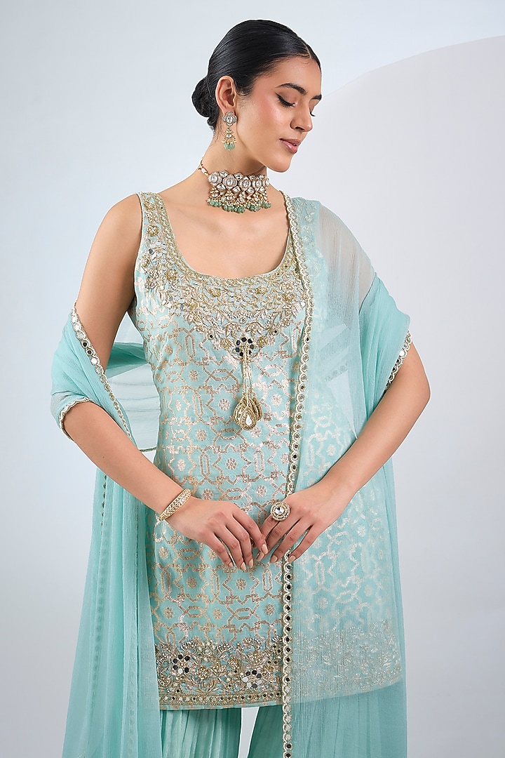 Sky Blue Pure Chiffon Tiered Wedding Sharara Set by Neha Khullar at Pernia's Pop Up Shop