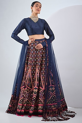 Navy Blue Raw Silk Printed & Hand Embroidered Lehenga Set by Neha Khullar