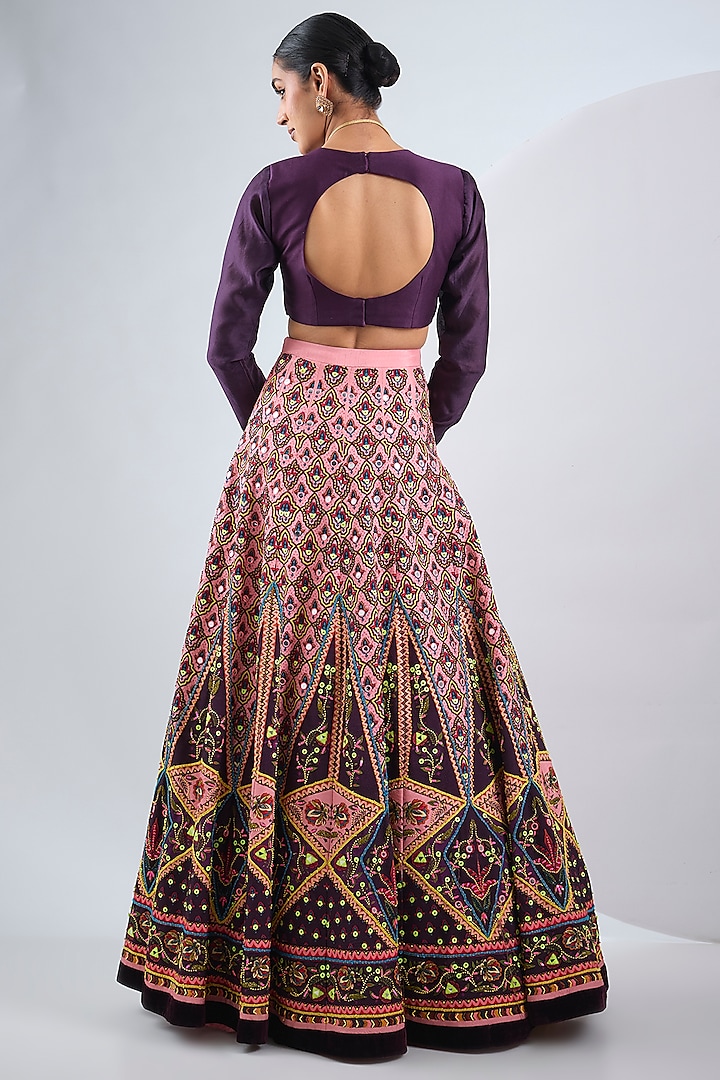 Deep Purple Raw Silk Printed & Hand Embroidered Wedding Lehenga Set by Neha Khullar at Pernia's Pop Up Shop