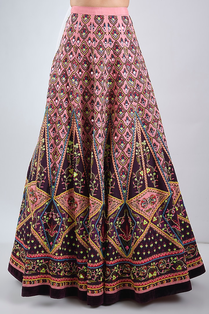 Deep Purple Raw Silk Printed & Hand Embroidered Wedding Lehenga Set by Neha Khullar at Pernia's Pop Up Shop