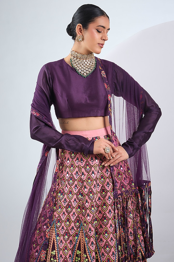Deep Purple Raw Silk Printed & Hand Embroidered Wedding Lehenga Set by Neha Khullar at Pernia's Pop Up Shop