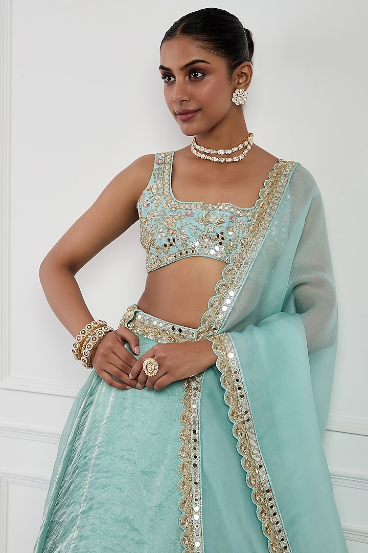 Sky Blue Tissue Silk Sequins Embellished Wedding Lehenga Set by Neha khullar at Pernia's Pop Up Shop