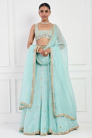 Sky Blue Organza Sequins Embellished Lehenga Set by Neha khullar