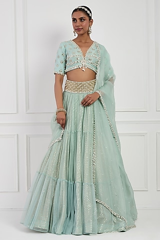 Sky Blue Organza Sequins Embellished Lehenga Set by Neha khullar