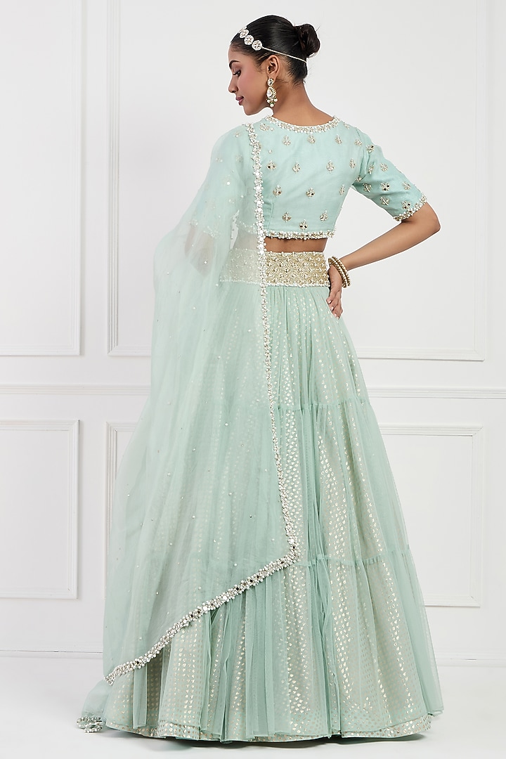 Sky Blue Organza Sequins Embellished Wedding Lehenga Set by Neha khullar at Pernia's Pop Up Shop