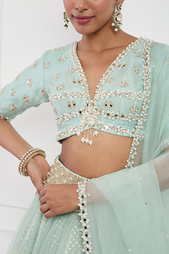 Sky Blue Organza Sequins Embellished Wedding Lehenga Set by Neha khullar at Pernia's Pop Up Shop