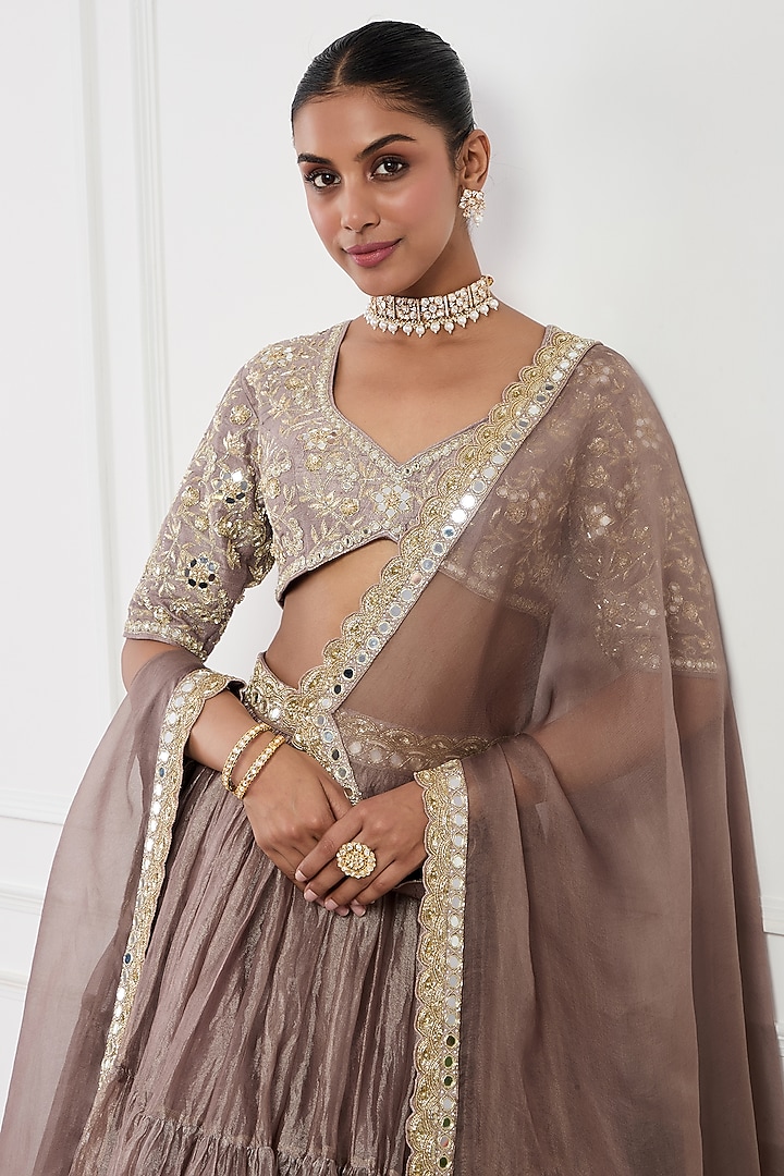 Mocha Mousse Colored Pure Silk Tissue Cutdana Embellished Wedding Lehenga Set by Neha khullar at Pernia's Pop Up Shop
